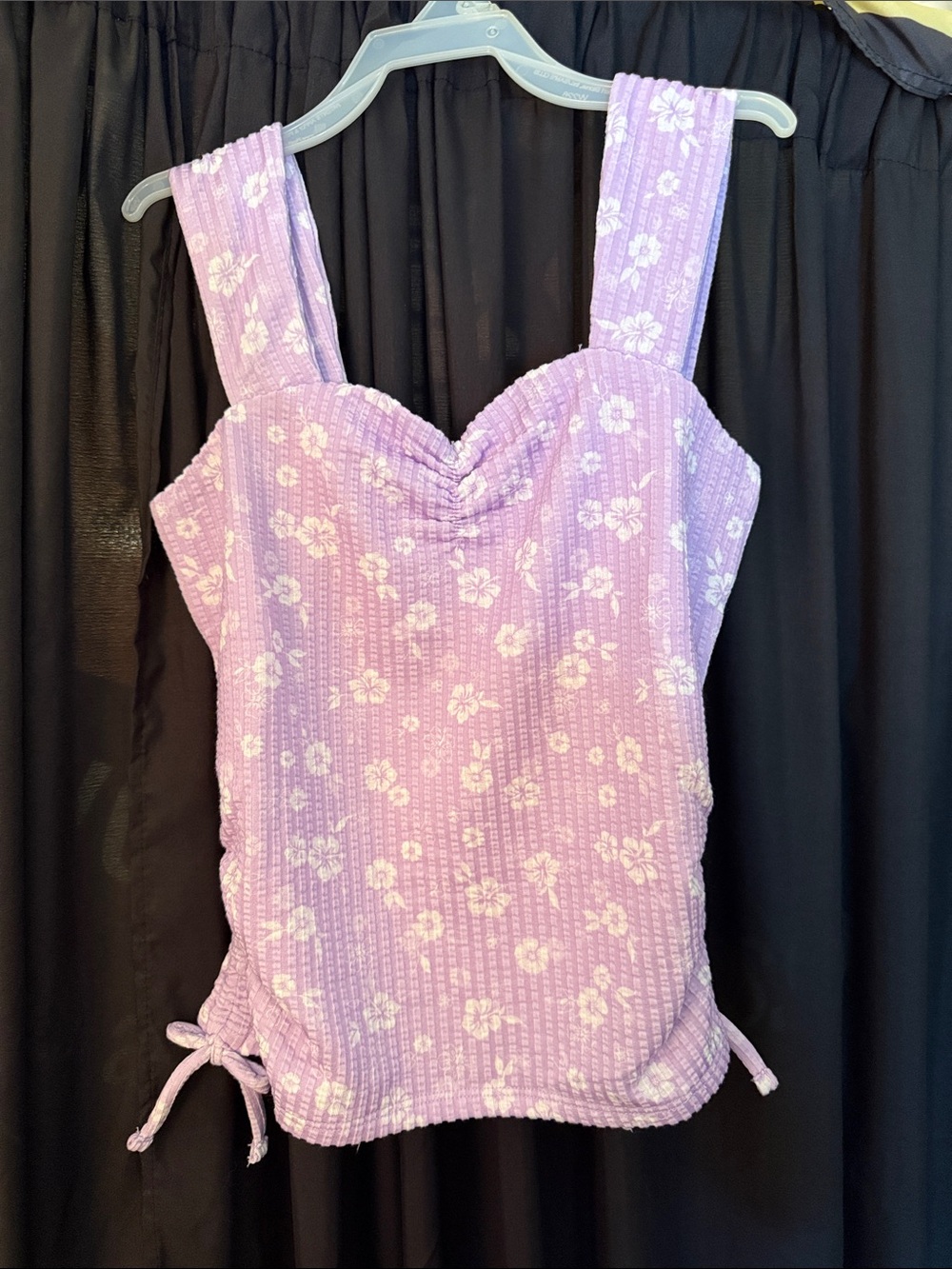 Justice Violet Ribbed Tank with White Floral Accents